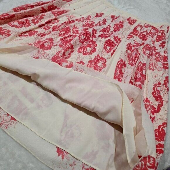 Free People ✦ Pleated Floral Midi Skirt ✦ Beige Cotton Red Print Size 2 - Picture 9 of 11